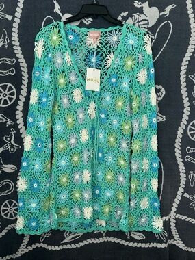 Show Me Your Mumu Teal, Aqua & White Hand-Crocheted Floral Cardigan